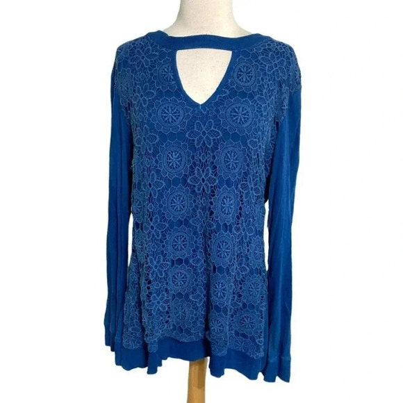 Studio West Apparel 1X blue lace front‎ long sleeve boho top NEW - Picture 1 of 6